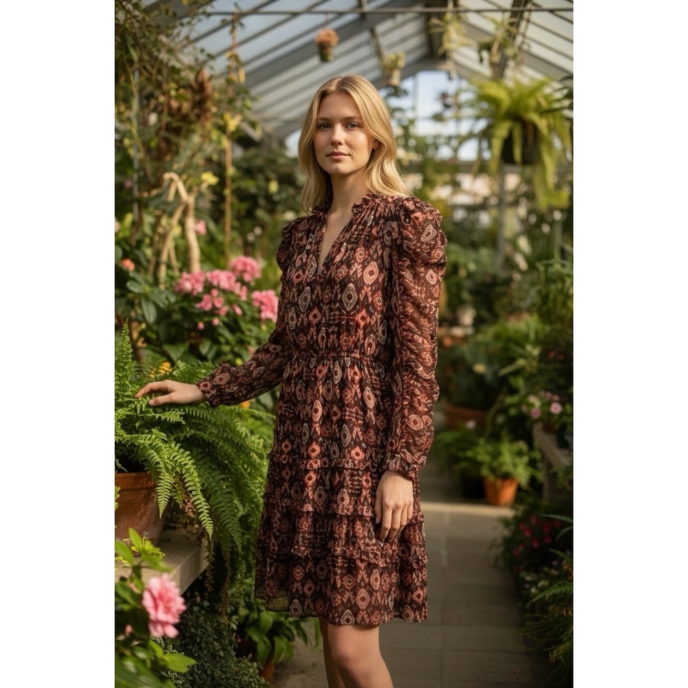 Ulla Johnson Silk Alessandra Dress Ruffled Floral Midi Garnet Boho Sz 0 Gypsy